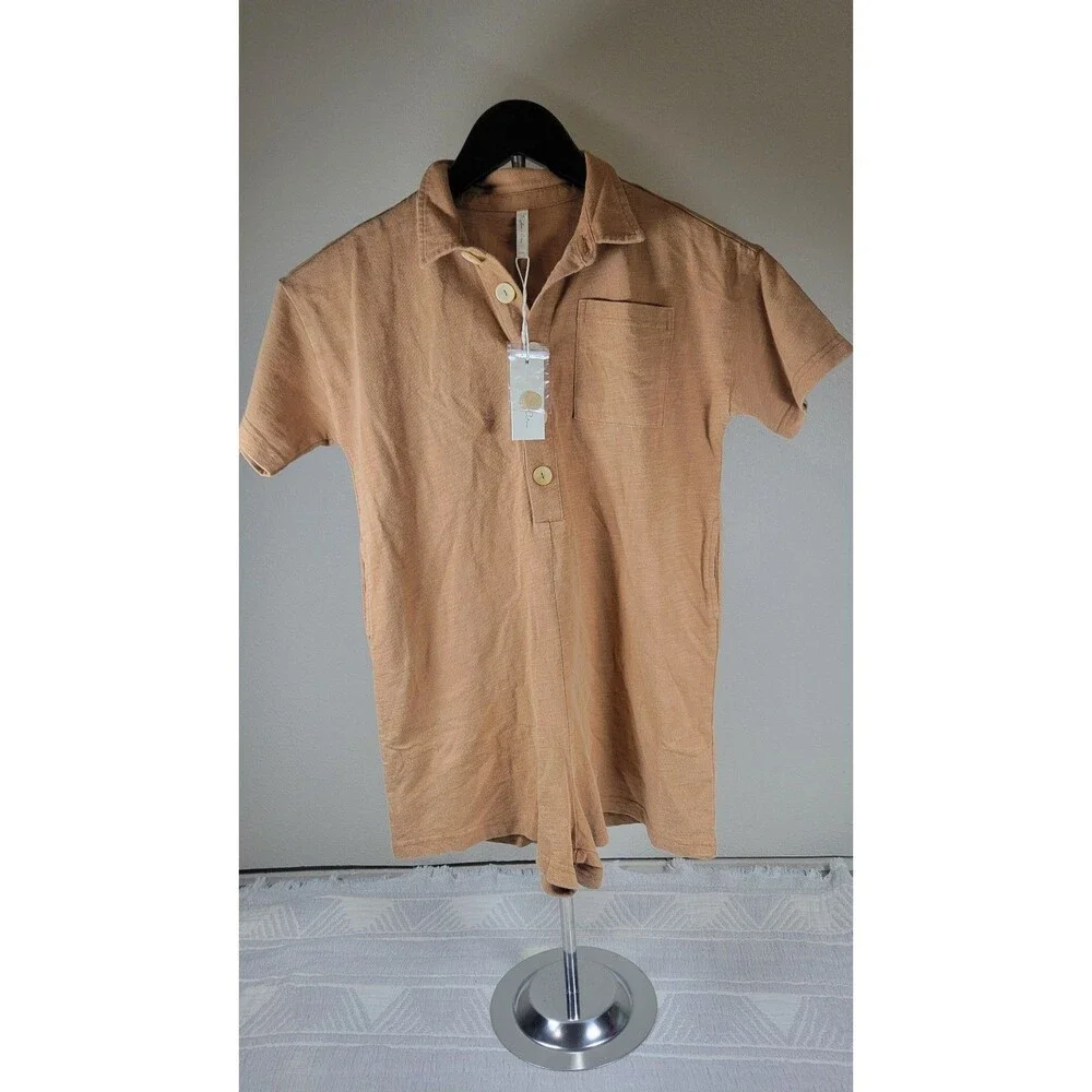 Rylee + Cru‎ 100% Cotton Collared Button Romper – Camel (Size 8–9Y)